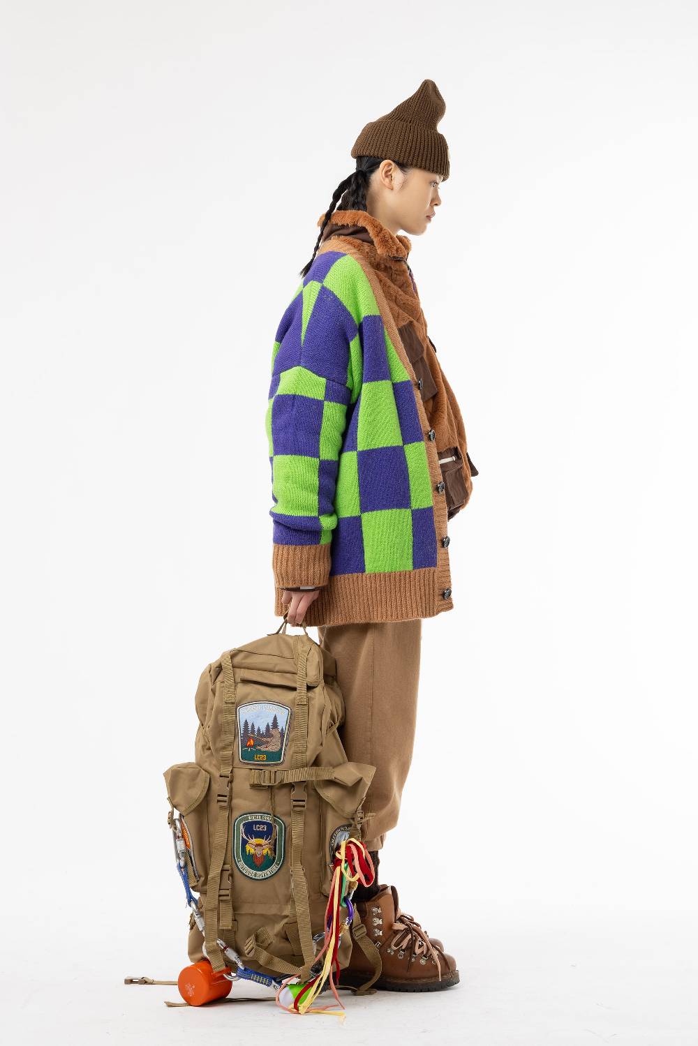 Lc23 Checkered Cardigan Green/Camel/Purple Online Outlet