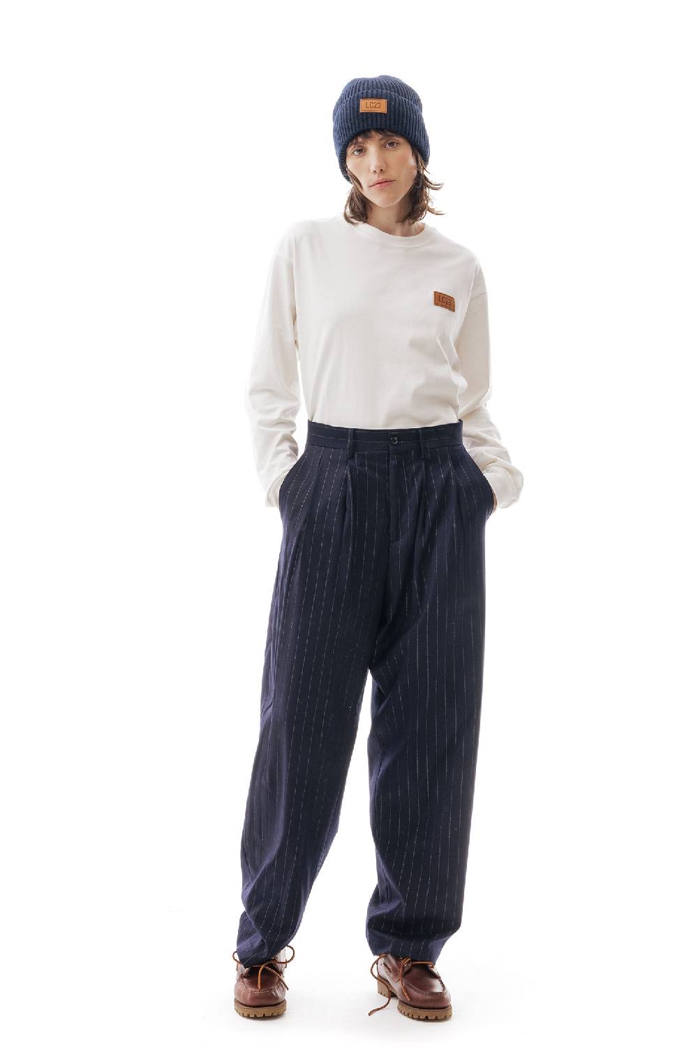 Lc23 Gessato Double Pence Trousers Navy Vendita