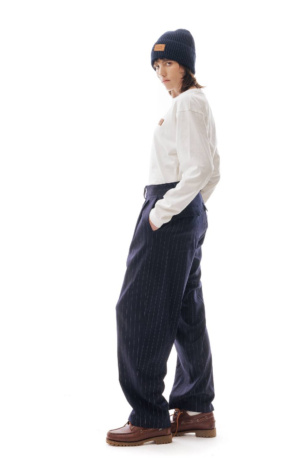 Lc23 Gessato Double Pence Trousers Navy Vendita