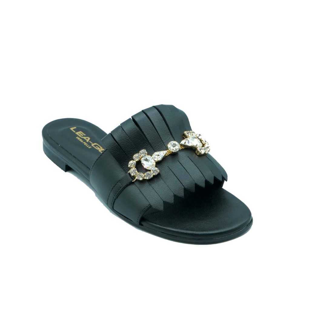 Lea Gu ciabattina in nappa, fascia con frange e accessorio frontale, tacco 10mm 2025
