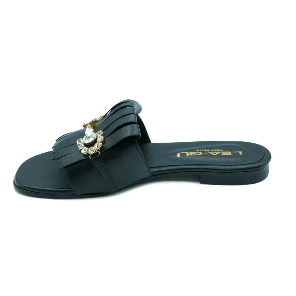 Lea Gu ciabattina in nappa, fascia con frange e accessorio frontale, tacco 10mm 2025