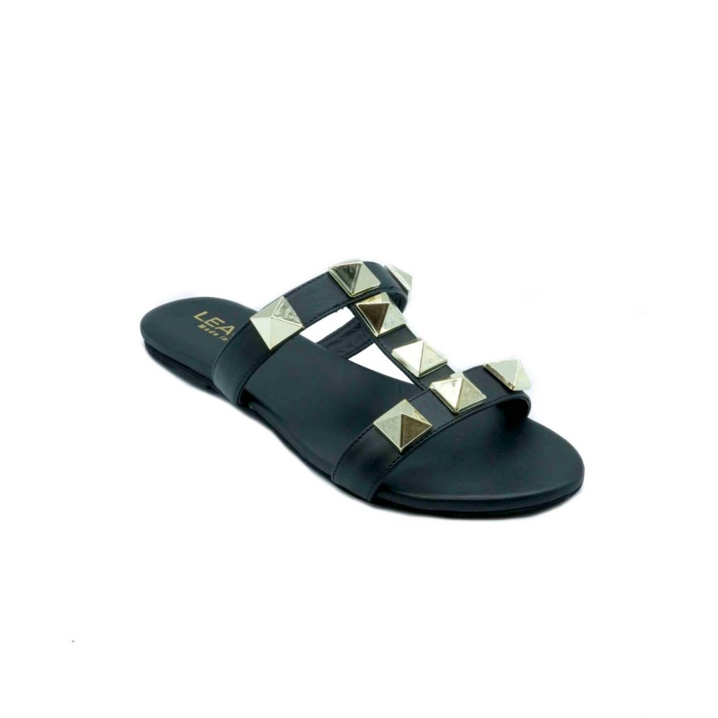 Lea Gu ciabattina in nappa, fascia frontale con borchie a piramide oro, tacco 0,5 mm In Linea