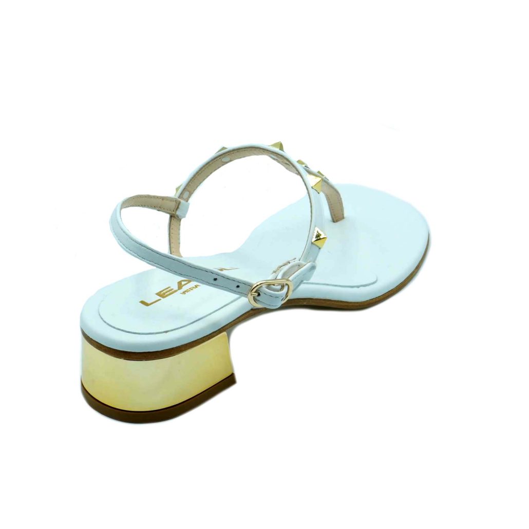 Lea Gu sandalo infradito in nappa, borchie frontali, allacciatura posteriore, tacco color oro 30mm Nuova