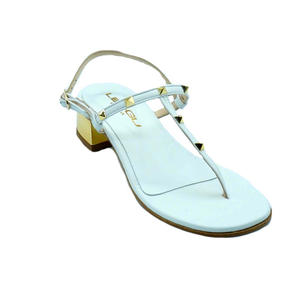 Lea Gu sandalo infradito in nappa, borchie frontali, allacciatura posteriore, tacco color oro 30mm Nuova
