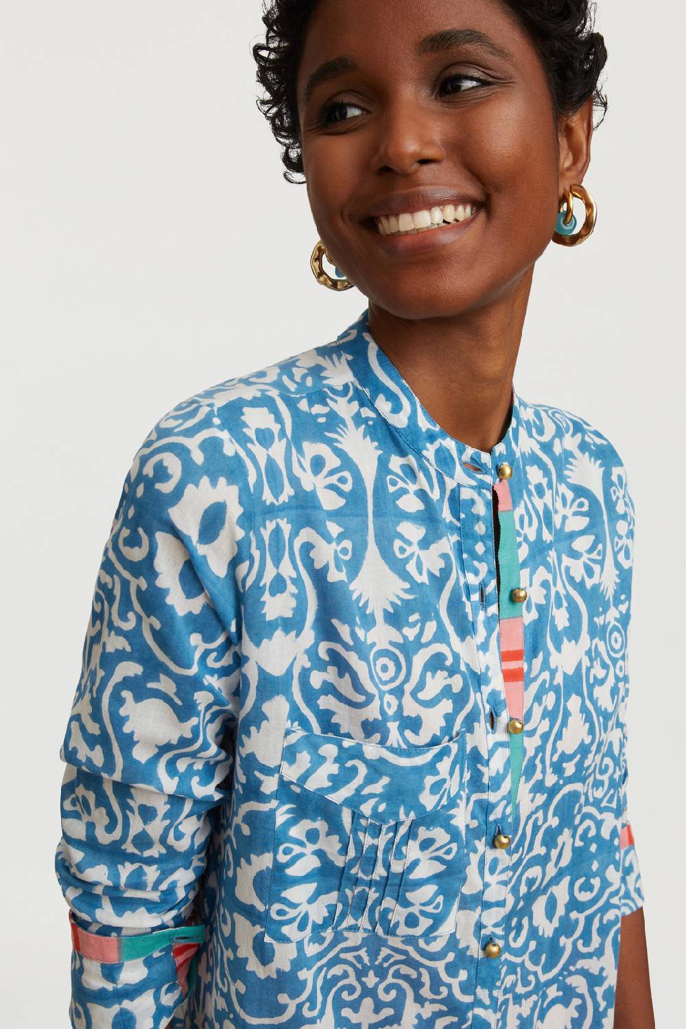 Lisa Corti kurta lunga aperta damask design white blue Ultimi due giorni