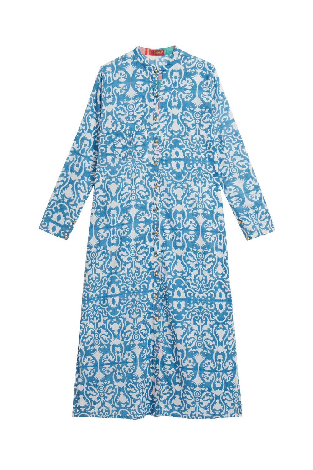 Lisa Corti kurta lunga aperta damask design white blue Ultimi due giorni