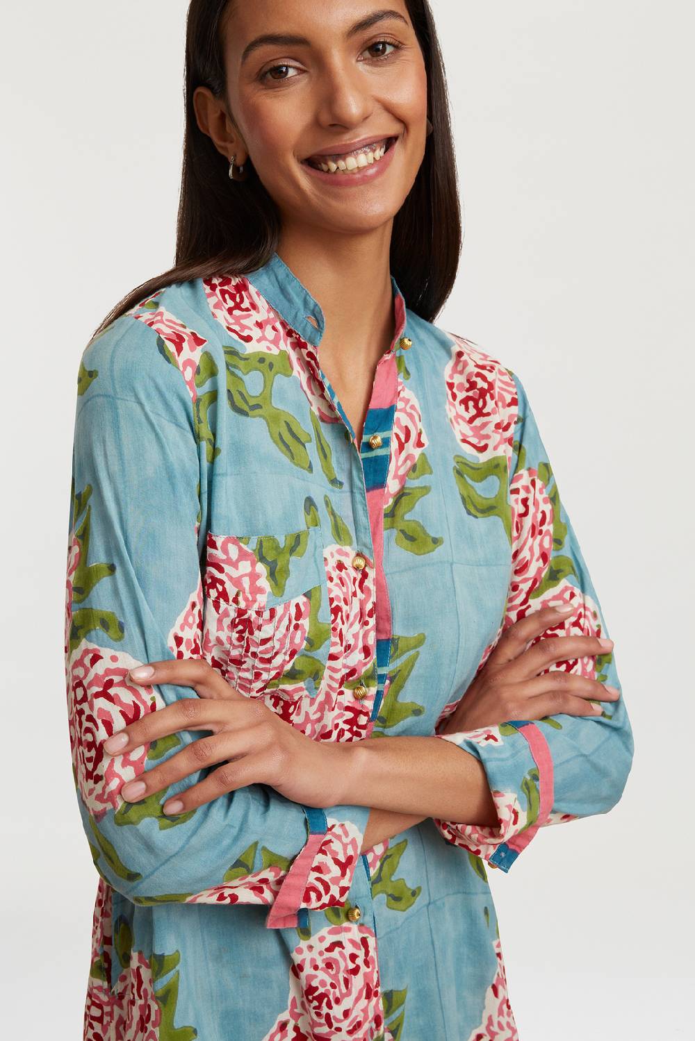 Lisa Corti kurta lunga aperta leopard flower sky light blue Fino al 50% di sconto