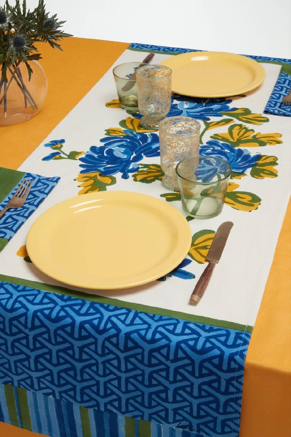 Lisa Corti tovaglietta doppia cotone 50x150cm vienna blue cream Grandi sconti
