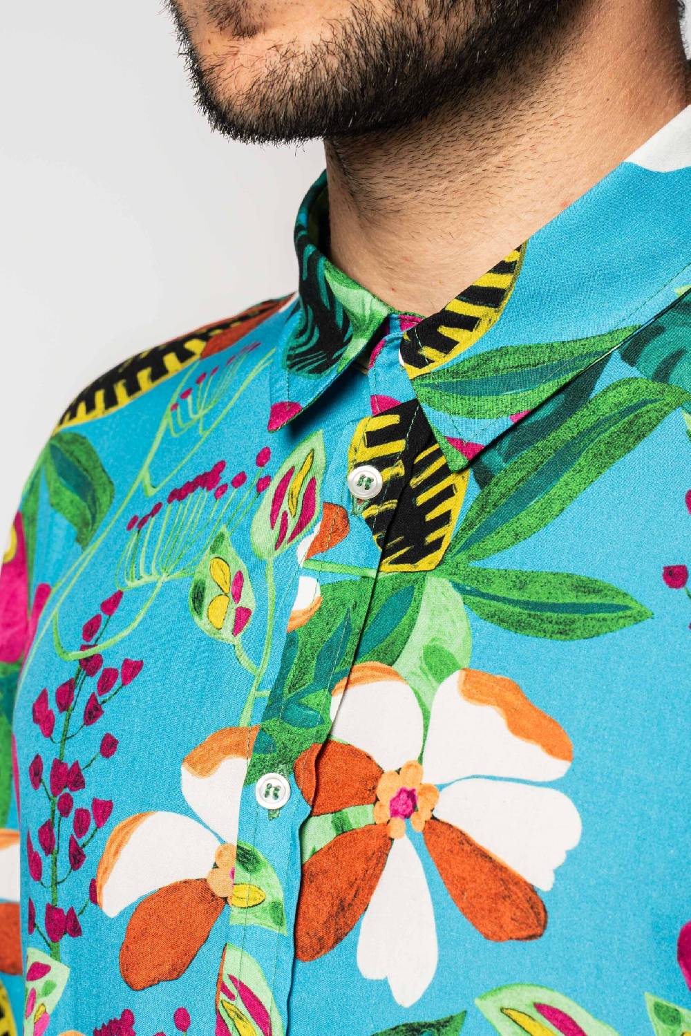 Officina 36 Camicia in viscosa stampata color cielo Online
