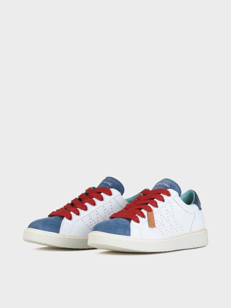 Panchic SCARPA ALLACCIATA P01 UOMO IN PELLE E SUEDE BIANCO-BLUE-ROSSO Qualità Garantita