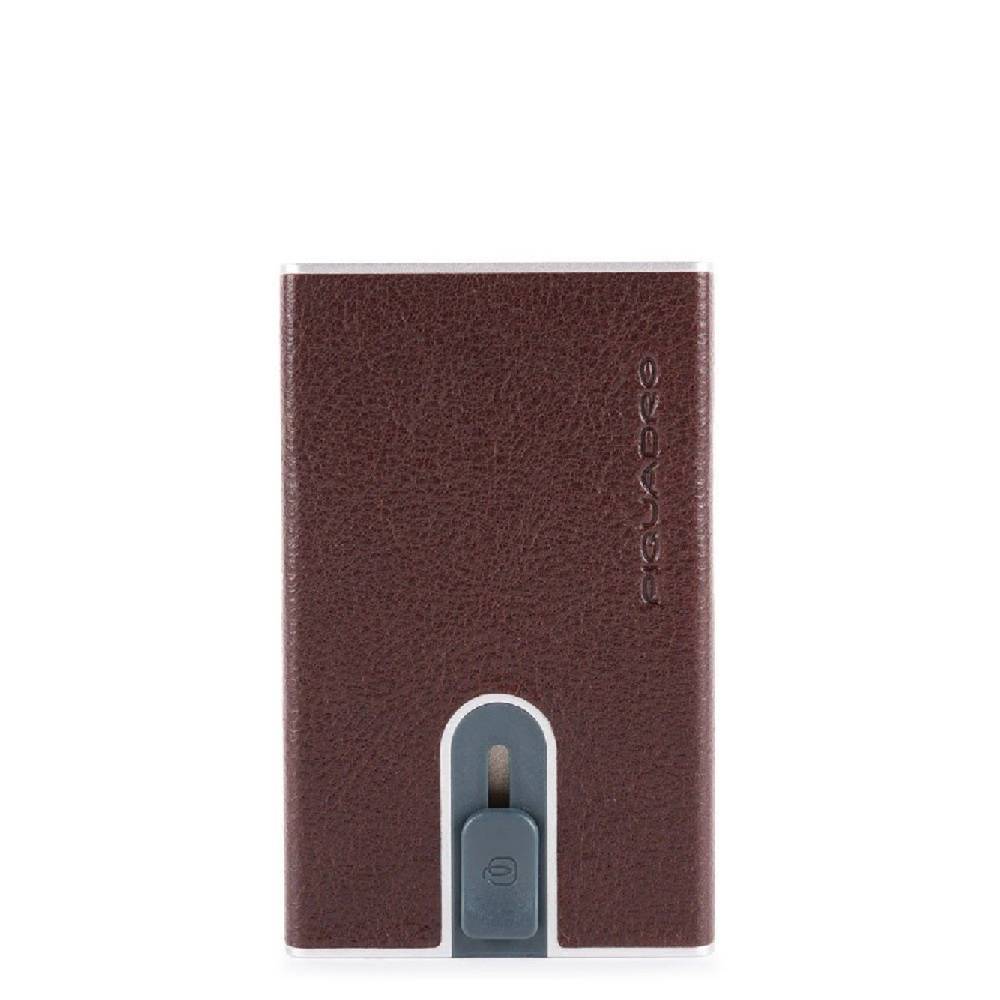 PIQUADRO Portacarte Piquadro in Pelle Marrone Scuro e Metallo con Protezione RFID