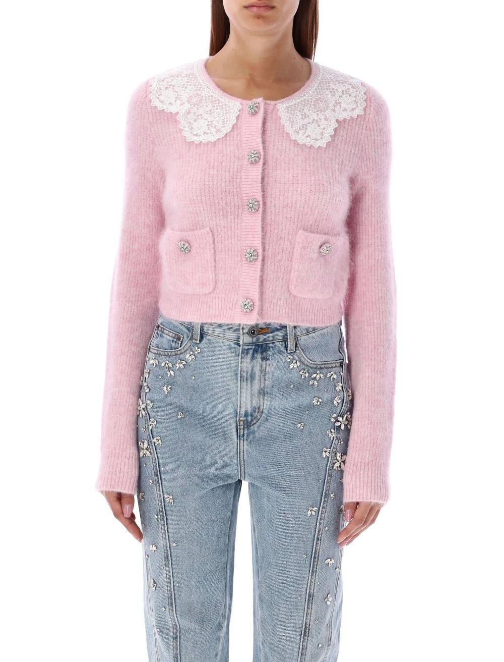 SELF PORTRAIT Cardigan Angora Rosa con Colletto in Pizzo Self-Portrait