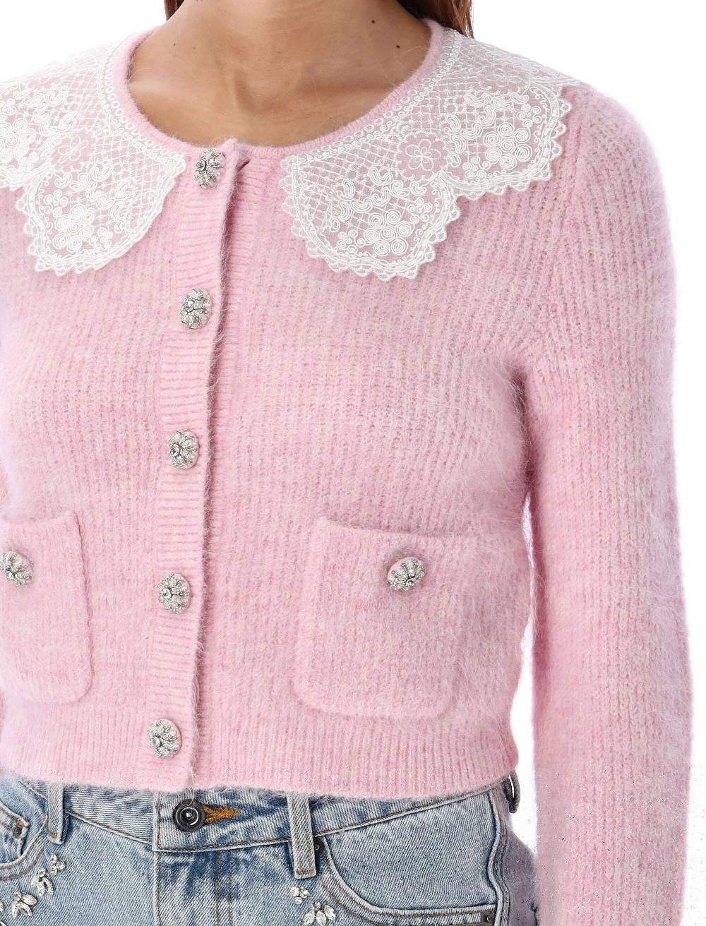 SELF PORTRAIT  Cardigan Angora Rosa con Colletto in Pizzo Self-Portrait Online