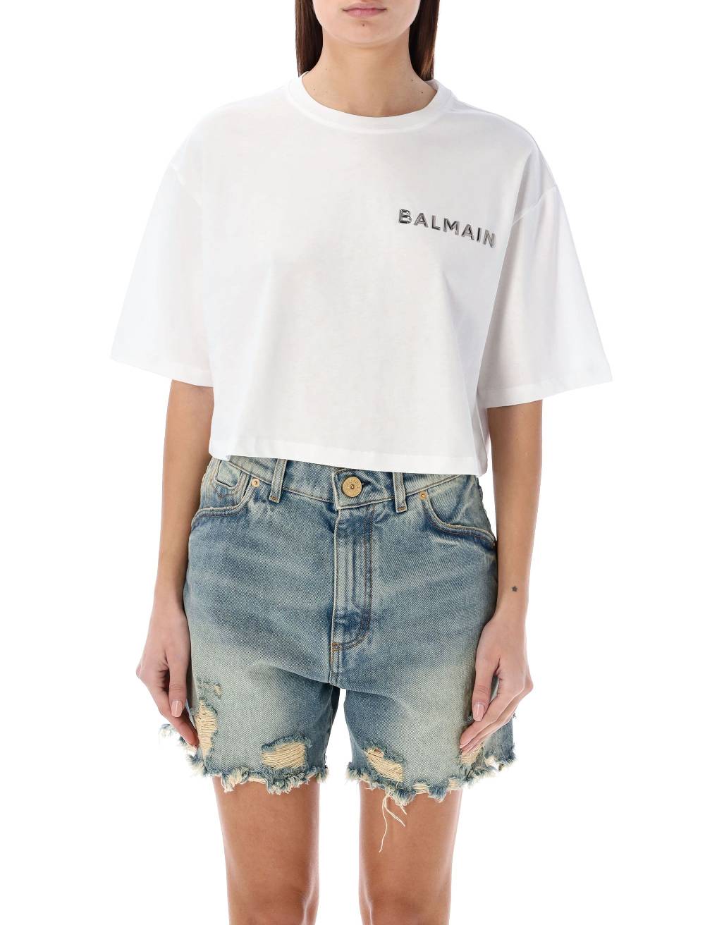 BALMAIN  T-Shirt Corta Balmain con Logo Argento - Cotone Biologico Negozi Online