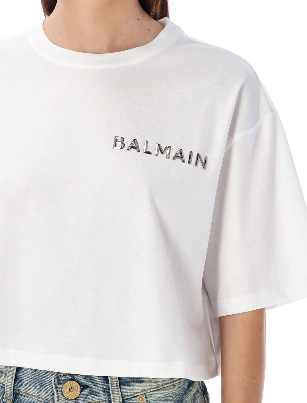 BALMAIN  T-Shirt Corta Balmain con Logo Argento - Cotone Biologico Negozi Online