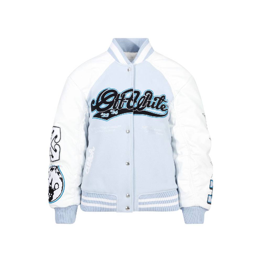 OFF-WHITE  Giacca Varsity in Pelle e Lana Blu Off-White Nuova