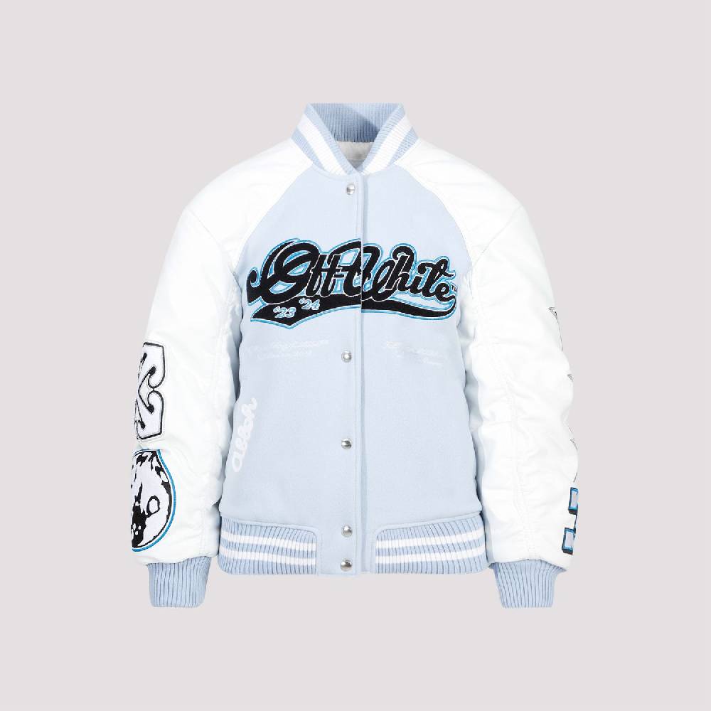 OFF-WHITE  Giacca Varsity in Pelle e Lana Blu Off-White Nuova