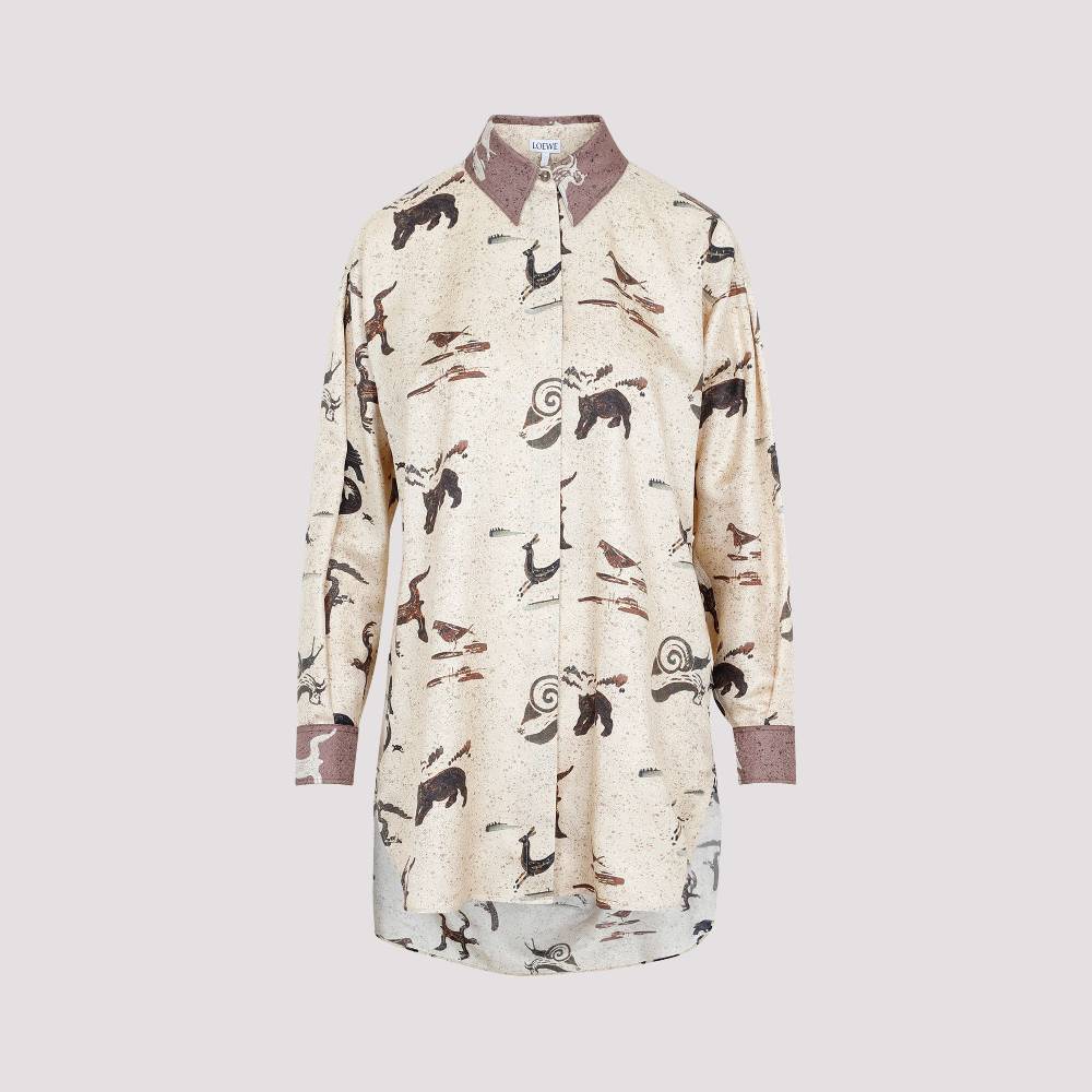 LOEWE  Camicia Oversize da Donna Loewe in Seta Beige con Stampa Animalier Discount Store per i nuovi prodotti