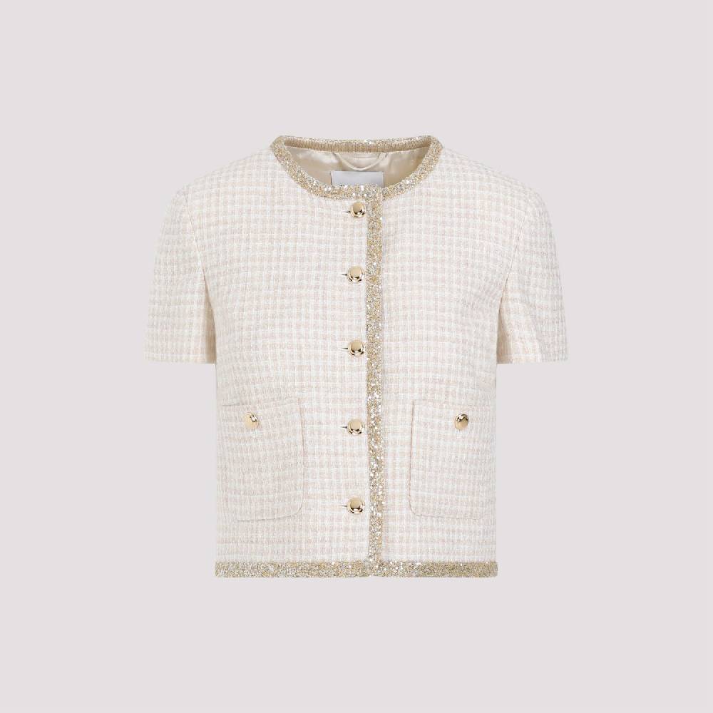 MIU MIU  Giacca in Lana Vergine Pied de Poule Avorio MIU MIU con Bordo di Paillettes Pezzi Unici