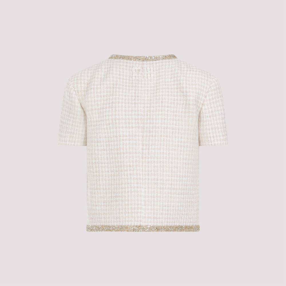 MIU MIU  Giacca in Lana Vergine Pied de Poule Avorio MIU MIU con Bordo di Paillettes Pezzi Unici