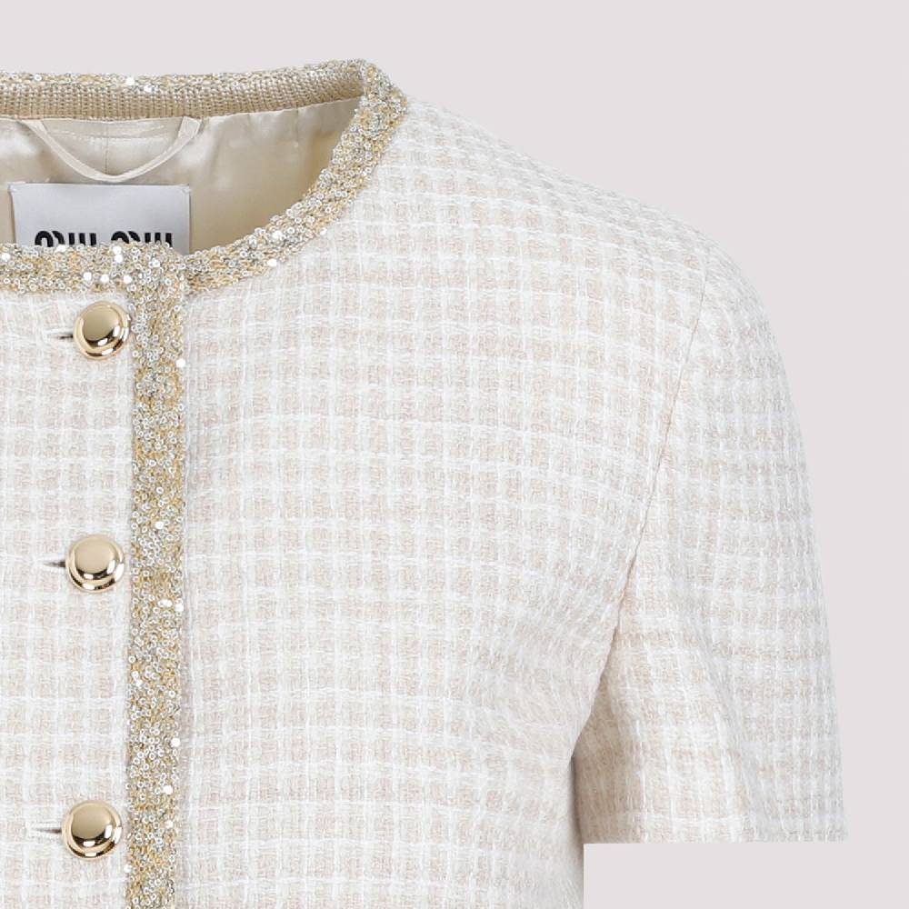 MIU MIU  Giacca in Lana Vergine Pied de Poule Avorio MIU MIU con Bordo di Paillettes Pezzi Unici