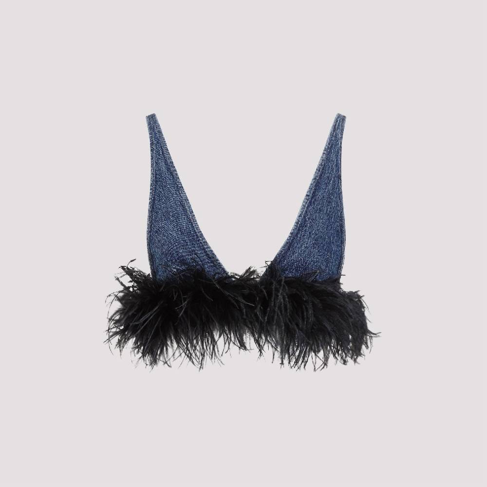 MIU MIU  Top di Cotone Blu con Piume Miu Miu Acquista Ora