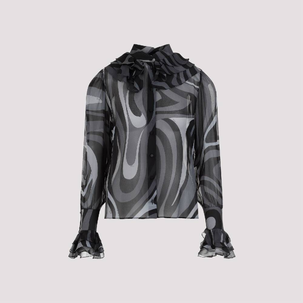 PUCCI  Camicia di Seta Nera Ruches PUCCI - Eleganza Femminile con Fantasia Ondulata Moda