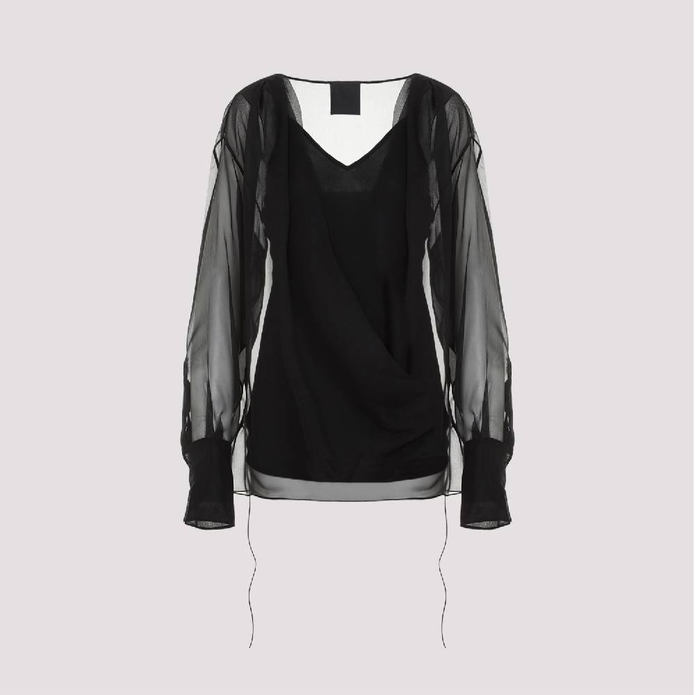 GIVENCHY  Camicia Nera in Seta Drappeggiata Givenchy con Lacci Laterali Fino al 65% di sconto