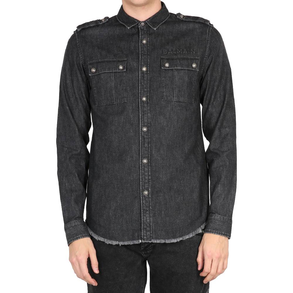 BALMAIN  Camicia Denim Nera Balmain da Uomo - 100% Cotone con Frange Offerte speciali