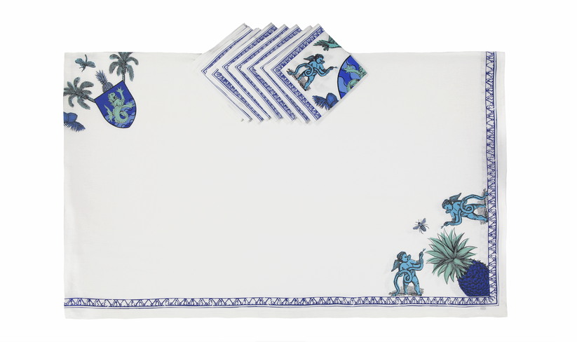 Sans Tabù Tovaglia Bianca Blu in lino grezzo stampato & 8 tovaglioli- Aristo Pop Spedizione Gratuita