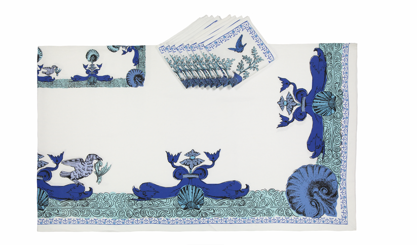 Sans Tabù Tovaglia Bianca Blu in lino grezzo stampato & 8 tovaglioli- Aristo Pop Spedizione Gratuita