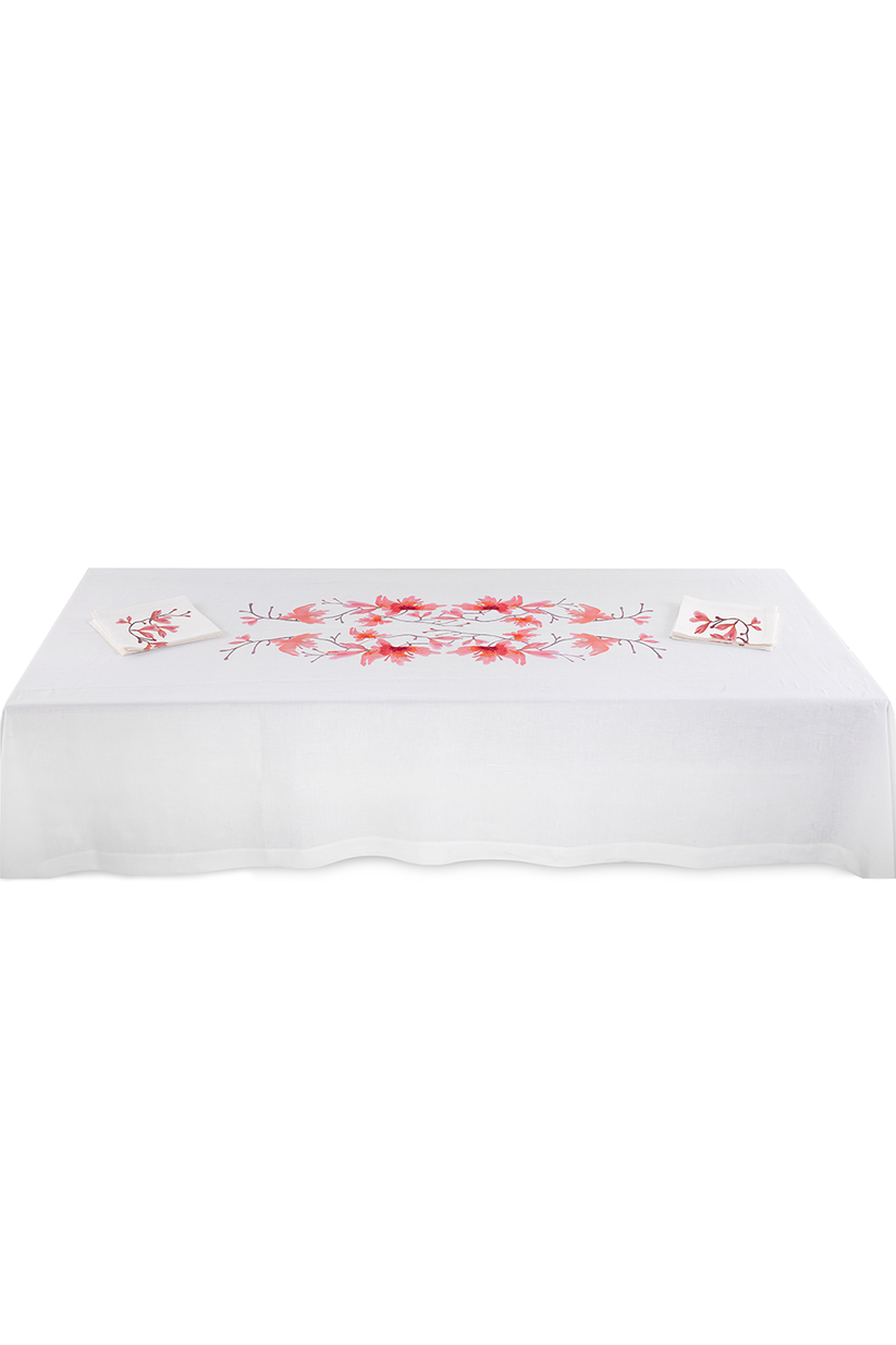 Sans Tabù Tovaglia Bianca in lino grezzo ricamata & 8 tovaglioli - Peach Blossom Offerte speciali