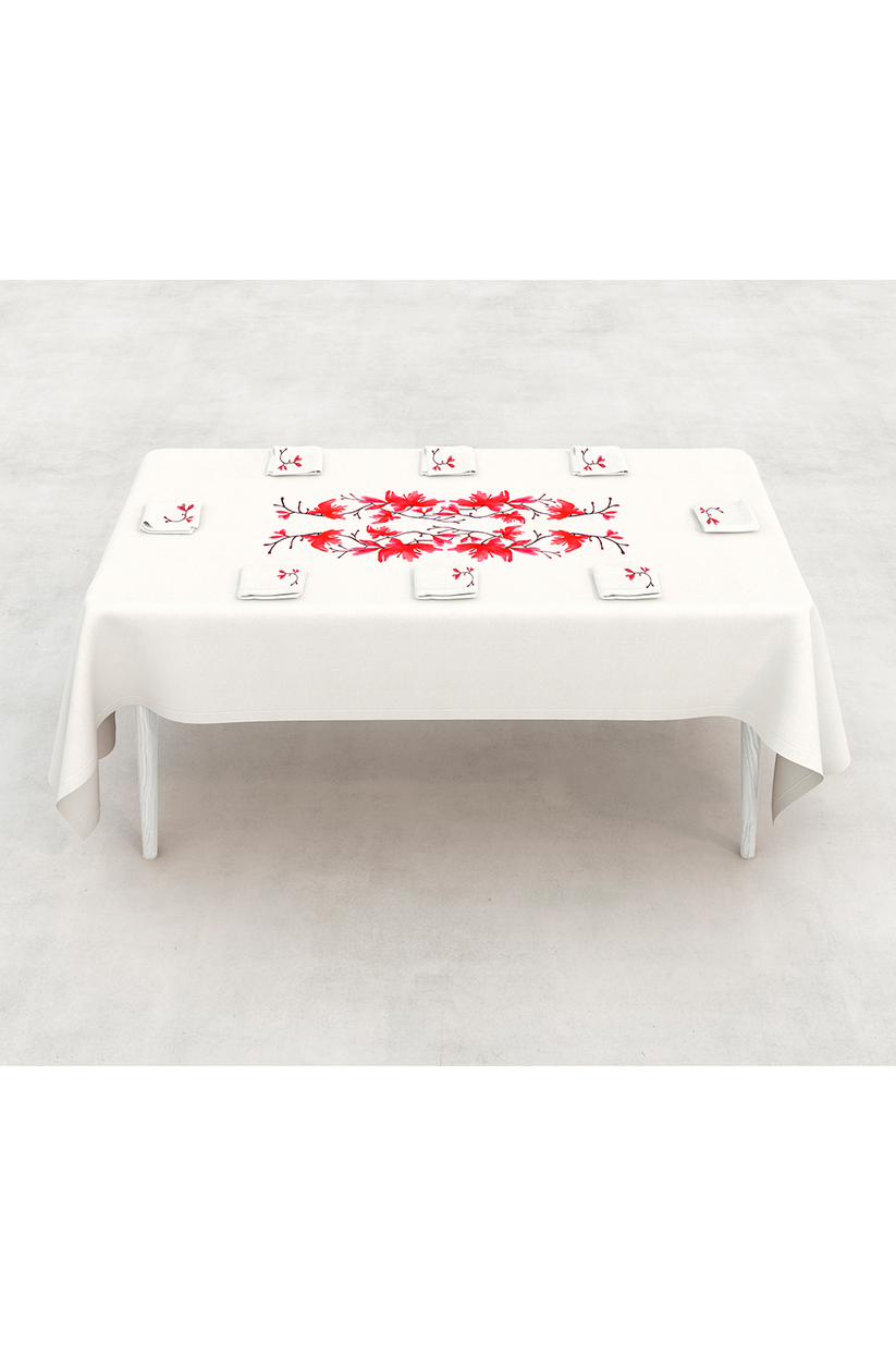 Sans Tabù Tovaglia Bianca in lino grezzo ricamata & 8 tovaglioli - Peach Blossom Offerte speciali