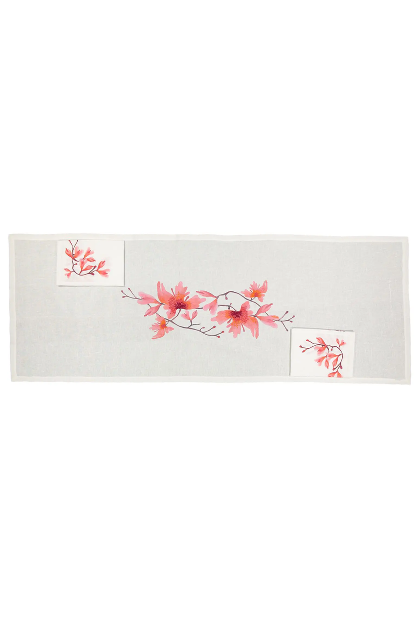Sans Tabù Runner in lino grezzo ricamato & 2 tovaglioli - Peach Blossom Enormi risparmi